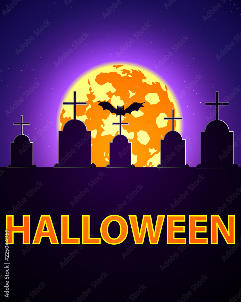 Spooky Halloween background with a grave and a bat