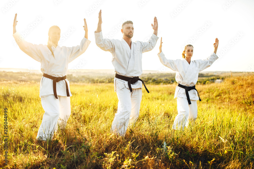 Two female fighters on karate training with master Two female fighters on karate training with master