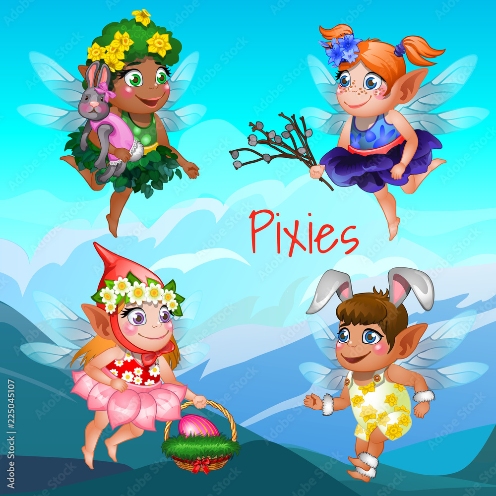 Cute poster with the little flying pixies with mountains in the background. Easter symbols the egg in the basket, the willow twig and the rabbit. Vector cartoon close-up illustration. Cute poster with the little flying pixies with mountains in the background. Easter symbols the egg in the basket, the willow twig and the rabbit. Vector cartoon close-up illustration.
