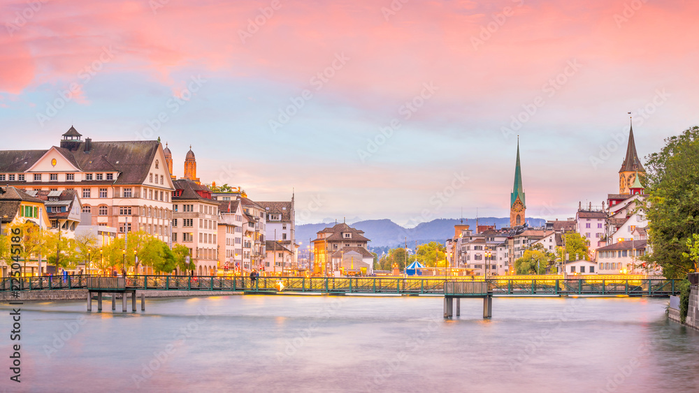 Beautiful view of historic city center of Zurich at sunset