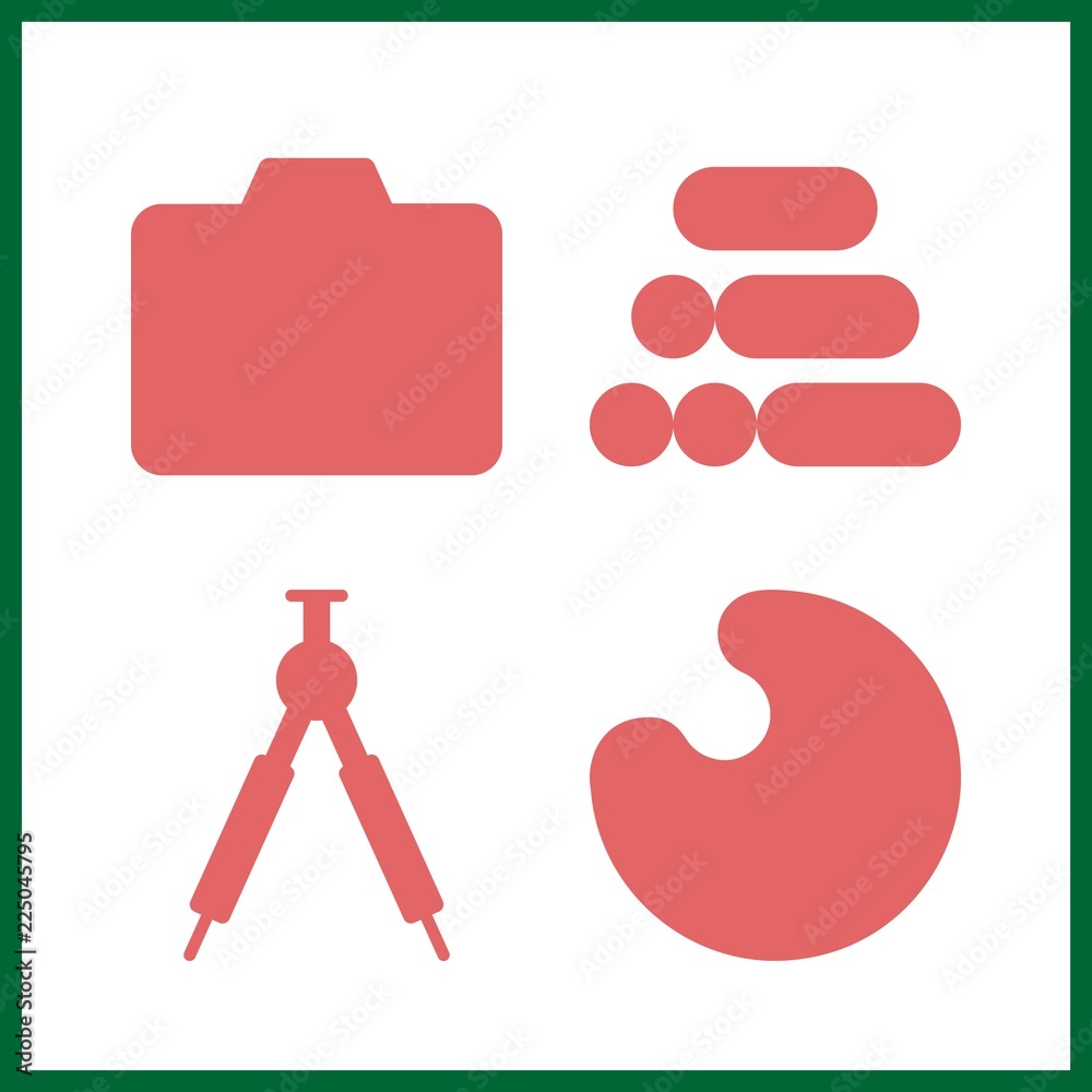 grunge vector icons set. paint palette, compass, wood and photo camera in this set. grunge vector icons set. paint palette, compass, wood and photo camera in this set.