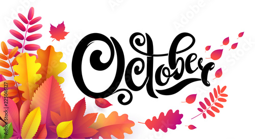 Vector hand written beautiful lettering text October On leaf background. Decorated with bouquet autumn falling leaves