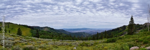 Park City, Empress Pass views of Panoramic Landscape along the Wasatch Front Rocky Mountains, Summer Forests and Cloudscape. Utah, United States.