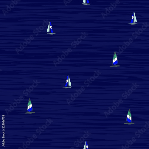 Beautiful Hand drawing colorful wind surf  floating on the ocean seamless pattern in vector. Flat style illustration. Summer beach surfing illustration in the ocean on navy blue background. 