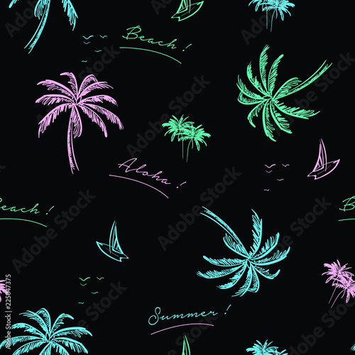pattern; palm; seamless; island; tropical; tree; vector; beach; summer; background; hawaii; travel; graphic; nature; illustration; landscape; exotic; floral; wallpaper; coconut; paradise; textile; pri