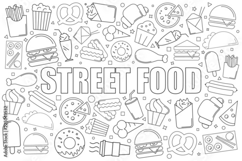 Street food background from line icon. Linear vector pattern. Vector illustration