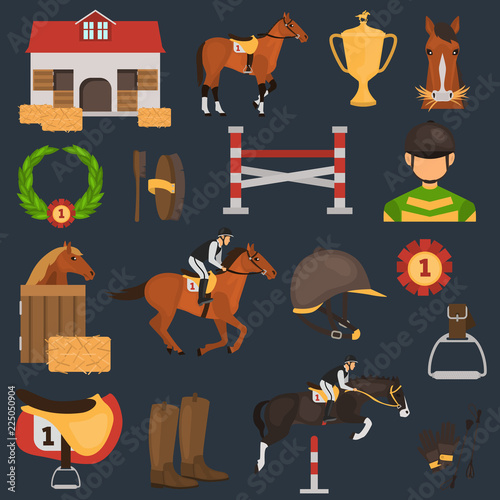 Horse Racing color vector icons set. Flat design