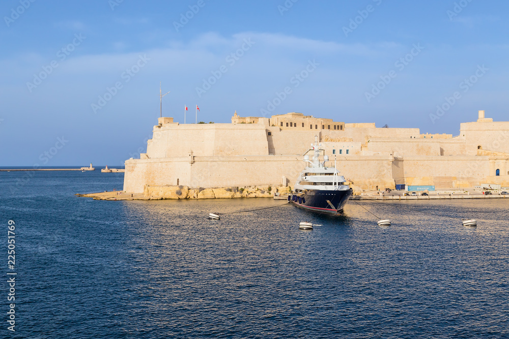 Birgu, Malta. Yacht moored under the walls of Fort Sant'Angelo