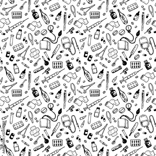 Seamless pattern with medical supplies. Vector background illustration. Medical black and white seamless pattern, clinic vector background. Hospital doodle style elements.