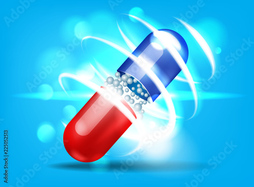 Open capsule with bokeh effect on blue background. Vector illustration.
