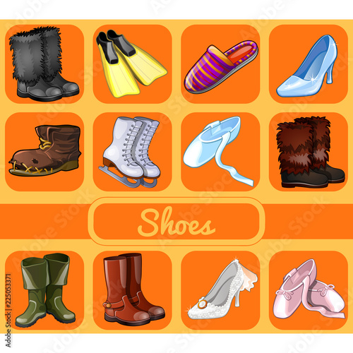 Set of shoes for all occasions. Sketch for holiday sticker, card or party invitation. Sports, festive, casual shoes. Skates, ballet flats, boots northerner unty. Vector cartoon close-up illustration.