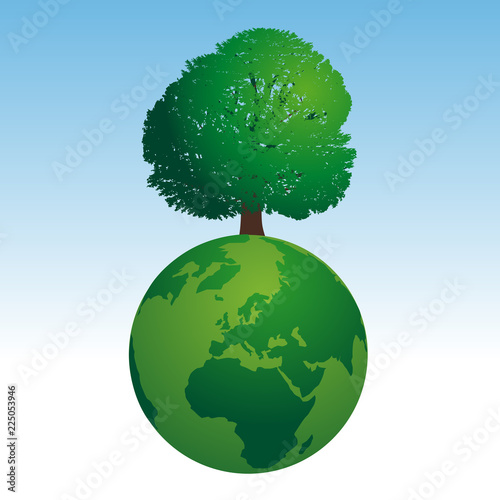 Concept de l'environnement avec le symbole écologique d'une terre verte sur laquelle pousse un arbre en feuille.