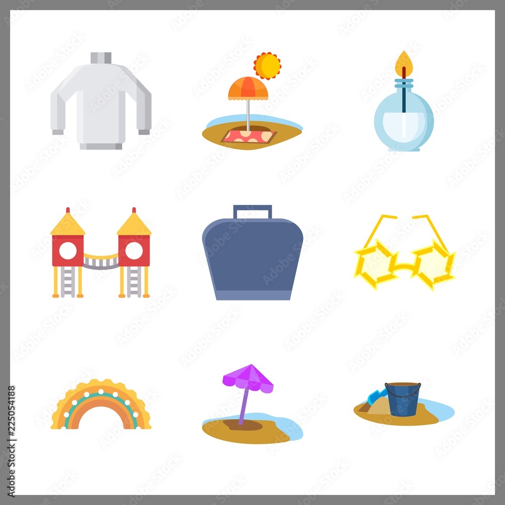 blue vector icons set. sunglasses for kids, sweater, case and sand in this set. blue vector icons set. sunglasses for kids, sweater, case and sand in this set.