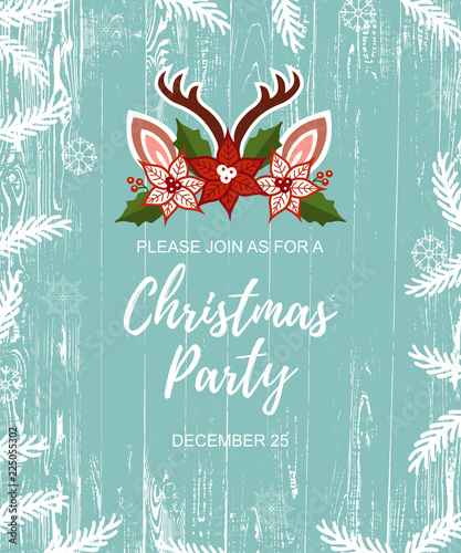 Vector illustration with deer headband. Template for Merry Christmas motives, party invitation, greetings, winter holidays, Christmas fair.