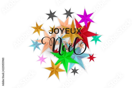 Joyeux Noel Merry Christmas french typography. Christmas vector card with bright colorful stars in circular design on white background.