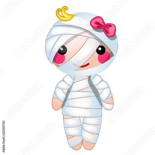 Cute doll in the form of a mummy wrapped in bandages isolated on white background. Vector cartoon close-up illustration.