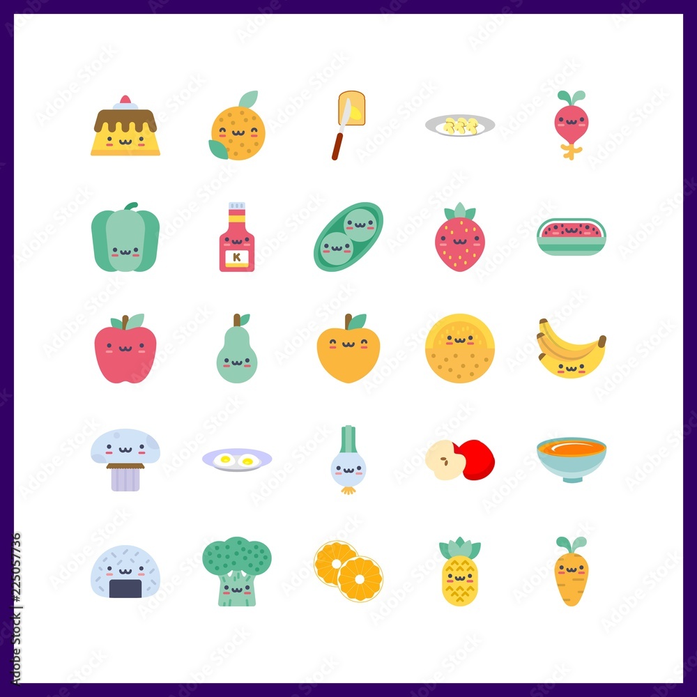 25 vegetarian icon. Vector illustration vegetarian set. bananas and pea icons for vegetarian works