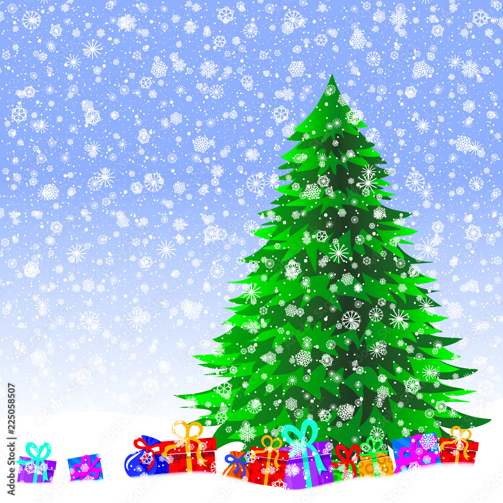Illustration for christmas. Christmas tree, gifts, snowflakes. All elements are located on different layers and can be easily manipulated.