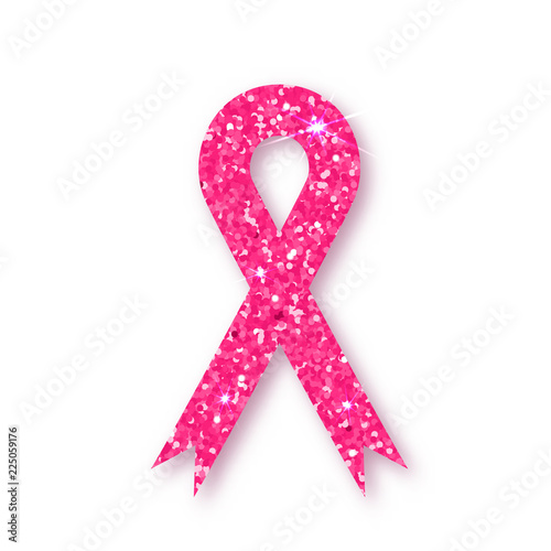 Pink ribbon. Pink glitter ribbon symbol of breast cancer awareness on white background. Element with shadow