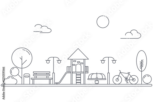 Play ground for children on garden park playground. Landscape of urban park. Thin line art style.