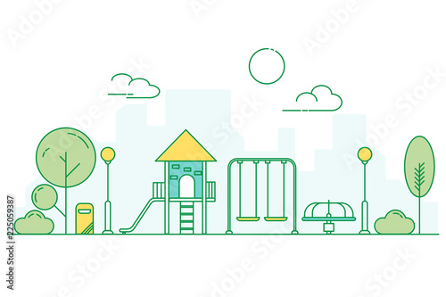 Play ground for children on garden park playground. Landscape of urban park. Thin line art style.