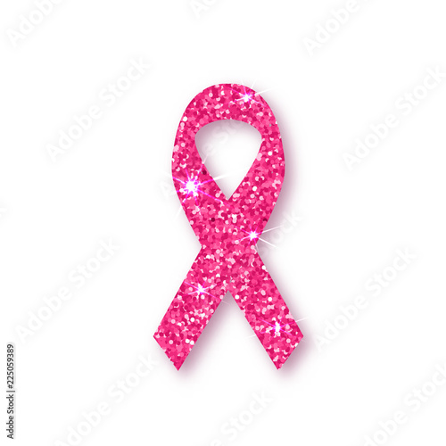 Pink ribbon. Pink glitter ribbon symbol of breast cancer awareness on white background. Element with shadow