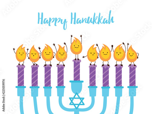 Jewish holiday Hanukkah greeting card design with menorah and cute candle lights