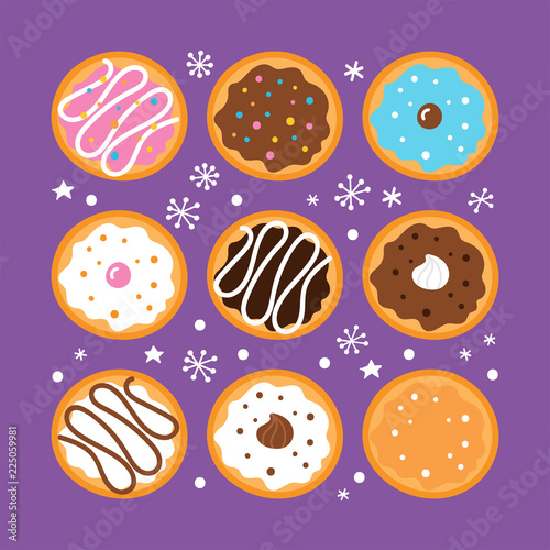 Jewish holiday Hanukkah greeting card design with sufganiyot donut set