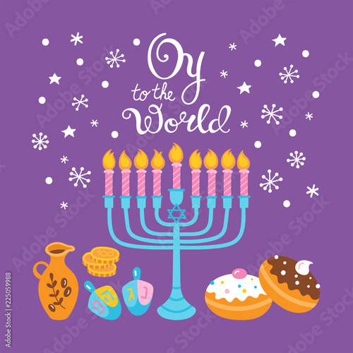 Jewish holiday Hanukkah greeting card design with menorah and sufganiyot.