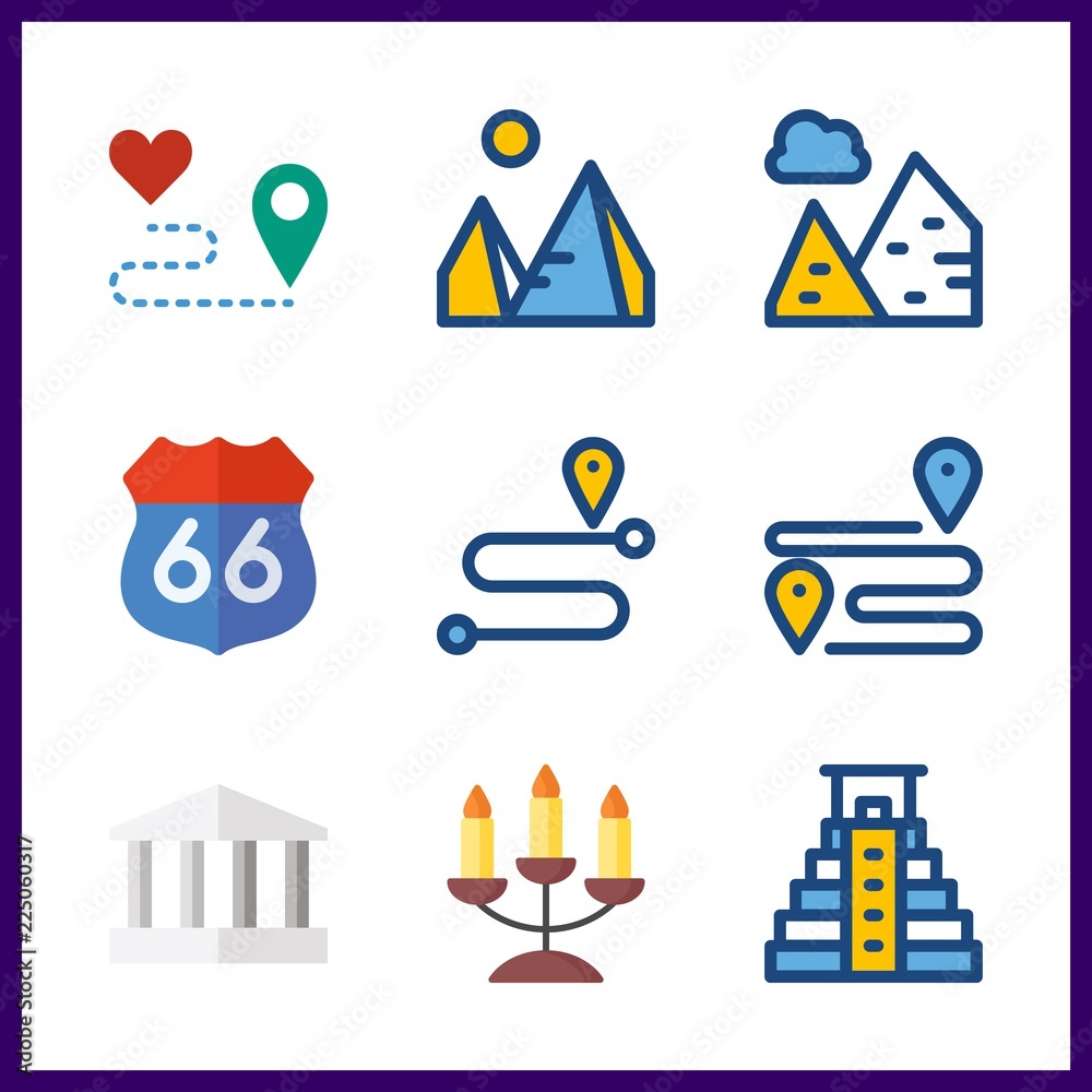 desert icon. pyramid and route vector icons in desert set. Use this illustration for desert works.