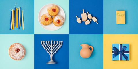 Jewish holiday Hanukkah banner design with menorah, gift box, dreidel and sufganiyot