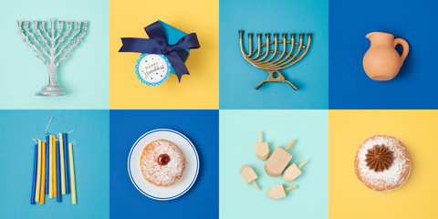 Jewish holiday Hanukkah banner design with menorah, gift box, dreidel and sufganiyot