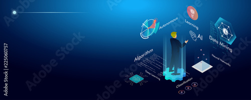 Machine learning, Ai, Data mining, algorithm, algorithm, neural network, deep learning and autonomous. isometric vector concept.