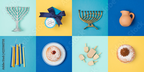 Jewish holiday Hanukkah banner design with menorah, gift box, dreidel and sufganiyot