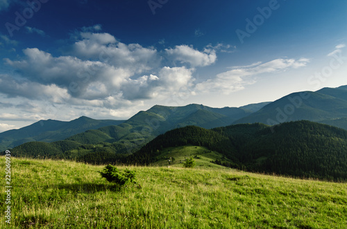 Carpathian mountains summer landscape with blue sky and clouds, natural outdoor background