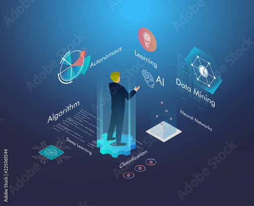 Machine learning, Ai, Data mining, algorithm, algorithm, neural network, deep learning and autonomous. isometric vector concept.