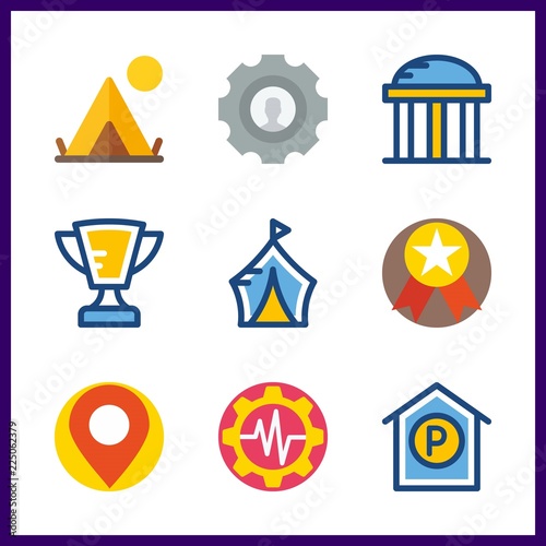 place vector icons set. temple, parking, medal and trophy in this set.