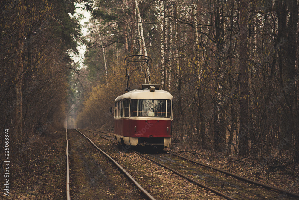 Naklejka premium Vintage red tram running through the forest part of the city. Autumn background in the park in Kiev, Ukraine.