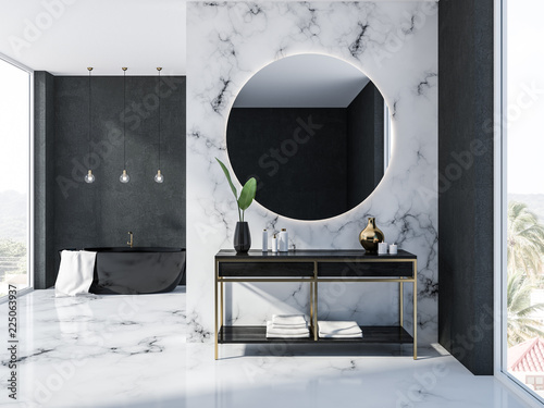 White marble bathroom interior, tub and sink