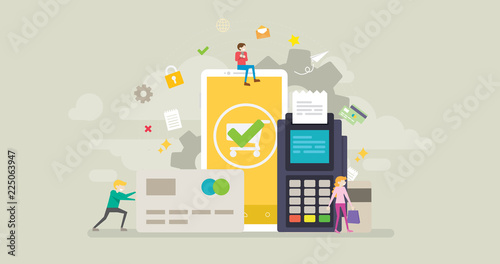 Secure Online Transaction Tiny People Character Concept Vector Illustration, Suitable For Wallpaper, Banner, Background, Card, Book Illustration, Web Landing Page, and Other Related Creative