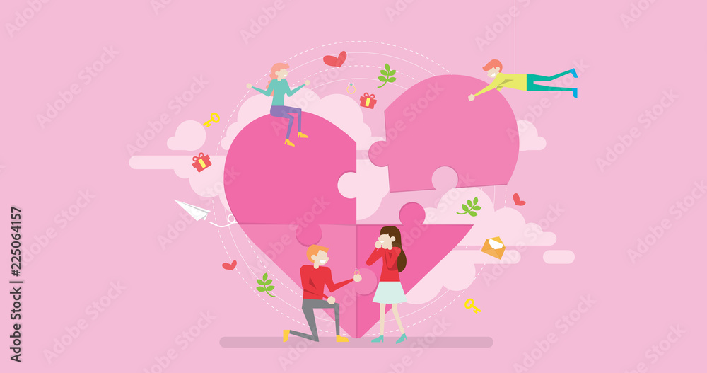 Wedding Proposal Tiny People Character Concept Vector Illustration, Suitable For Wallpaper, Banner, Background, Card, Book Illustration, Web Landing Page, and Other Related Creative
