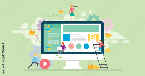 Content Management Tiny People Character Concept Vector Illustration, Suitable For Wallpaper, Banner, Background, Card, Book Illustration, Web Landing Page, and Other Related Creative