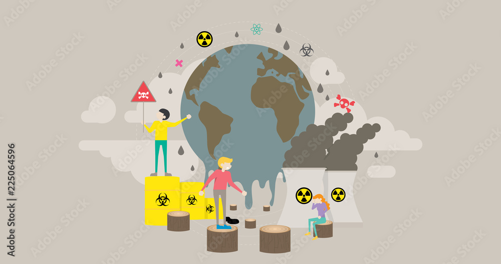 Global Warming Pollution Tiny People Character Concept Vector Illustration, Suitable For Wallpaper, Banner, Background, Card, Book Illustration, Web Landing Page, and Other Related Creative