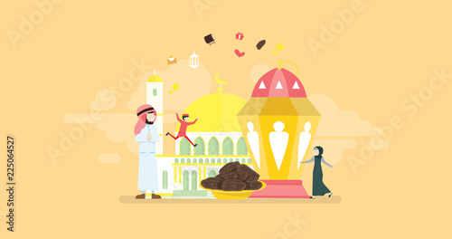 Ramadan Kareem Tiny People Character Concept Vector Illustration, Suitable For Wallpaper, Banner, Background, Card, Book Illustration, Web Landing Page, and Other Related Creative