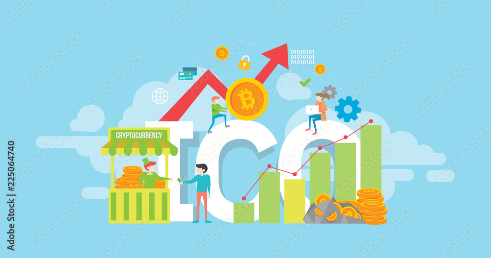 Cryptocurrency Initial Coin Offering Tiny People Character Concept Vector Illustration, Suitable For Wallpaper, Banner, Background, Card, Book Illustration, And Web Landing Page Concept