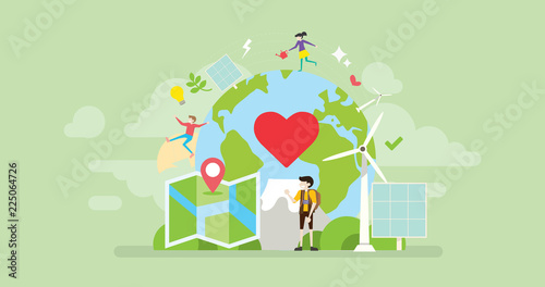 Green Volunteer Traveler Tiny People Character Concept Vector Illustration, Suitable For Wallpaper, Banner, Background, Card, Book Illustration, Web Landing Page, and Other Related Creative