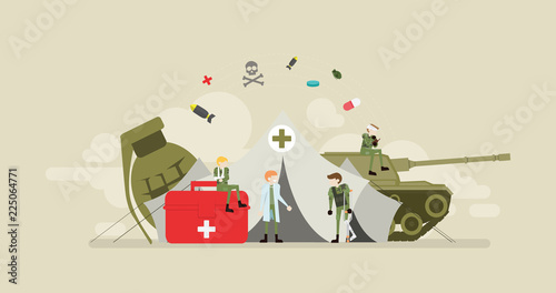 Military Emergency Clinic Tiny People Character Concept Vector Illustration, Suitable For Wallpaper, Banner, Background, Card, Book Illustration, Web Landing Page, and Other Related Creative