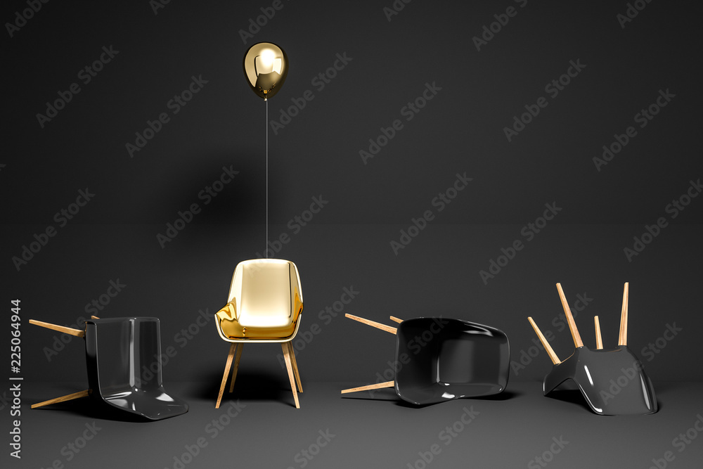 Black room with chairs lying and one standing - obrazy, fototapety, plakaty 