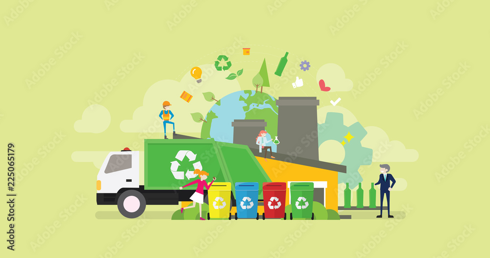 Green Organic Garbage Waste Recycle Process Tiny People Character Concept Vector Illustration, Suitable For Wallpaper, Banner, Background, Card, Book Illustration, And Web Landing Page