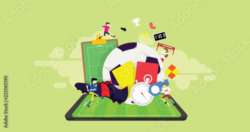 Soccer League Live Mobile Streaming Tiny People Character Concept Vector Illustration, Suitable For Wallpaper, Banner, Background, Card, Book Illustration, And Web Landing Page